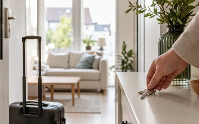 Guest placing keys inside a furnished Ramstein home