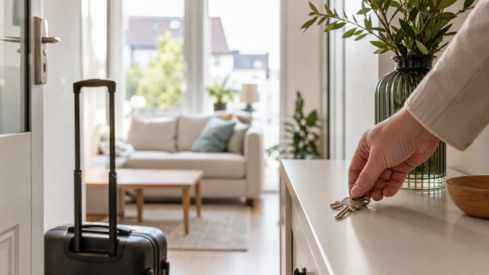 Guest placing keys inside a furnished Ramstein home